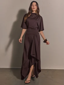 COSMINA 女款休閒優雅 Ancara 深棕色裙子 2 件套，日常晚餐辦公室外出穿搭，通勤秋季 - 棕色 - 查看 4