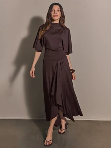 COSMINA 女款休閒優雅 Ancara 深棕色裙子 2 件套，日常晚餐辦公室外出穿搭，通勤秋季 - 棕色 - 查看 8