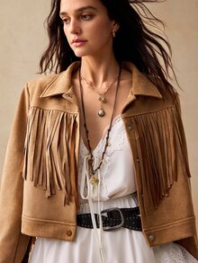 Willow Rêve Women's Cropped Shades Of Brown Solid Suede Jacket, Fringe Tassel Trim, Zip Front, Western 80's 90s Boho 70s Retro Autumn, Party Rave Everyday Travel - Khaki - View 6