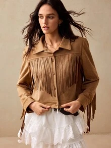 Willow Rêve Women's Cropped Shades Of Brown Solid Suede Jacket, Fringe Tassel Trim, Zip Front, Western 80's 90s Boho 70s Retro Autumn, Party Rave Everyday Travel - Khaki - View 3