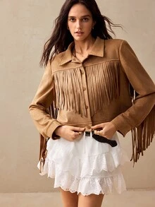 Willow Rêve Women's Cropped Shades Of Brown Solid Suede Jacket, Fringe Tassel Trim, Zip Front, Western 80's 90s Boho 70s Retro Autumn, Party Rave Everyday Travel - Khaki - View 9