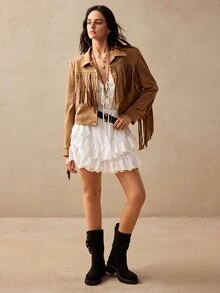 Willow Rêve Women's Cropped Shades Of Brown Solid Suede Jacket, Fringe Tassel Trim, Zip Front, Western 80's 90s Boho 70s Retro Autumn, Party Rave Everyday Travel - Khaki - View 4