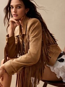 Willow Rêve Women's Cropped Shades Of Brown Solid Suede Jacket, Fringe Tassel Trim, Zip Front, Western 80's 90s Boho 70s Retro Autumn, Party Rave Everyday Travel - Khaki - View 7