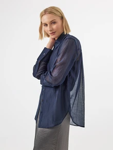 KÆRIA Hus Sheer Button-Up Shirt - Airy Lyocell Blend - Navy Blue - Going Out Night Out Top, Button-Up, Long-Sleeve, Summer, Elegant, Sexy, Comfortable, Fall - Blue - View 1