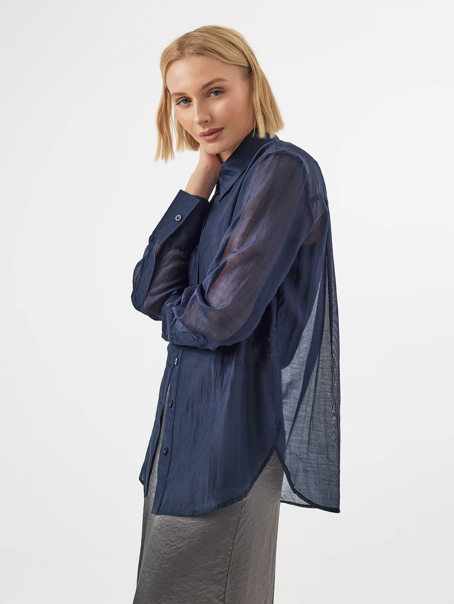 KÆRIA Hus Sheer Button-Up Shirt - Airy Lyocell Blend - Navy Blue - Going Out Night Out Top, Button-Up, Long-Sleeve, Summer, Elegant, Sexy, Comfortable, Fall - Blue - View 1