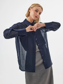 KÆRIA Hus Sheer Button-Up Shirt - Airy Lyocell Blend - Navy Blue - Going Out Night Out Top, Button-Up, Long-Sleeve, Summer, Elegant, Sexy, Comfortable, Fall - Blue - View 3
