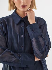 KÆRIA Hus Sheer Button-Up Shirt - Airy Lyocell Blend - Navy Blue - Going Out Night Out Top, Button-Up, Long-Sleeve, Summer, Elegant, Sexy, Comfortable, Fall - Blue - View 5