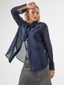 KÆRIA Hus Sheer Button-Up Shirt - Airy Lyocell Blend - Navy Blue - Going Out Night Out Top, Button-Up, Long-Sleeve, Summer, Elegant, Sexy, Comfortable, Fall - Blue - View 4