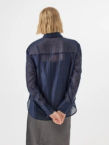 KÆRIA Hus Sheer Button-Up Shirt - Airy Lyocell Blend - Navy Blue - Going Out Night Out Top, Button-Up, Long-Sleeve, Summer, Elegant, Sexy, Comfortable, Fall - Blue - View 2