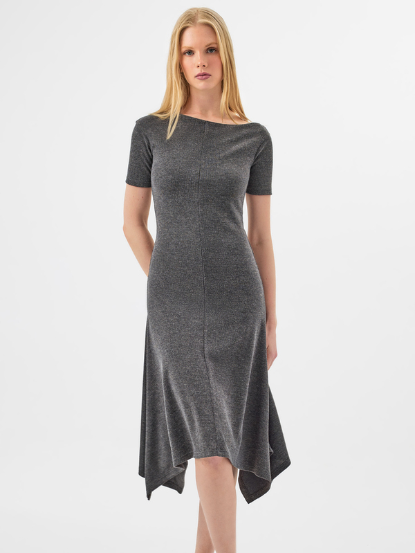 KÆRIA Hus Boat-Neck Ribbed Midi Dress - Textured Comfort Stretch Rib - Charcoal - Fitted, Asymmetric Hem Dress, Office, Elegant, Knit Dress, Chill, Brunch