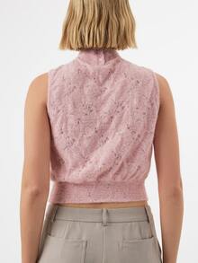 KÆRIA Hus High-Neck Sleeveless Top - Brushed Lace Knit - Dusty Pink - Semi-Sheer, Textured, Going Out Work Everyday, Office, Summer, Floral Romantic Elegant - Pink - View 2