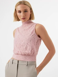 KÆRIA Hus High-Neck Sleeveless Top - Brushed Lace Knit - Dusty Pink - Semi-Sheer, Textured, Going Out Work Everyday, Office, Summer, Floral Romantic Elegant - Pink - View 3