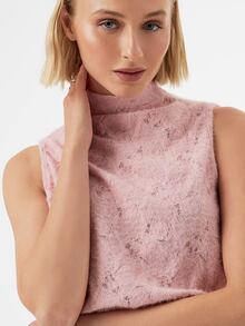 KÆRIA Hus High-Neck Sleeveless Top - Brushed Lace Knit - Dusty Pink - Semi-Sheer, Textured, Going Out Work Everyday, Office, Summer, Floral Romantic Elegant - Pink - View 5