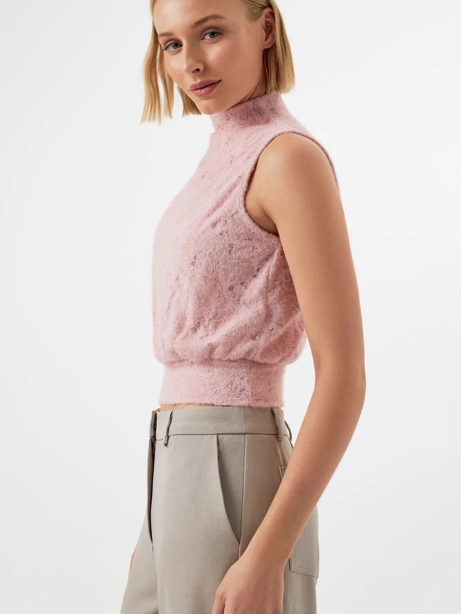 KÆRIA Hus High-Neck Sleeveless Top - Brushed Lace Knit - Dusty Pink - Semi-Sheer, Textured, Going Out Work Everyday, Office, Summer, Floral Romantic Elegant - Pink - View 1