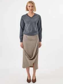 KÆRIA Hus Twisted Wrap Skirt - Yarn-Dyed Stretch Check - Grey Plaid - Draped Skirt, Workwear, Office, Weekend, Brunch, French Style Autumn Elegant - Multicolor - View 5