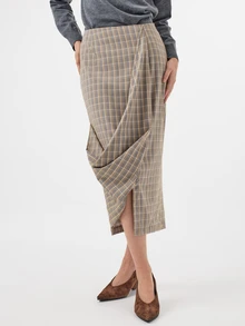 KÆRIA Hus Twisted Wrap Skirt - Yarn-Dyed Stretch Check - Grey Plaid - Draped Skirt, Workwear, Office, Weekend, Brunch, French Style Autumn Elegant - Multicolor - View 1
