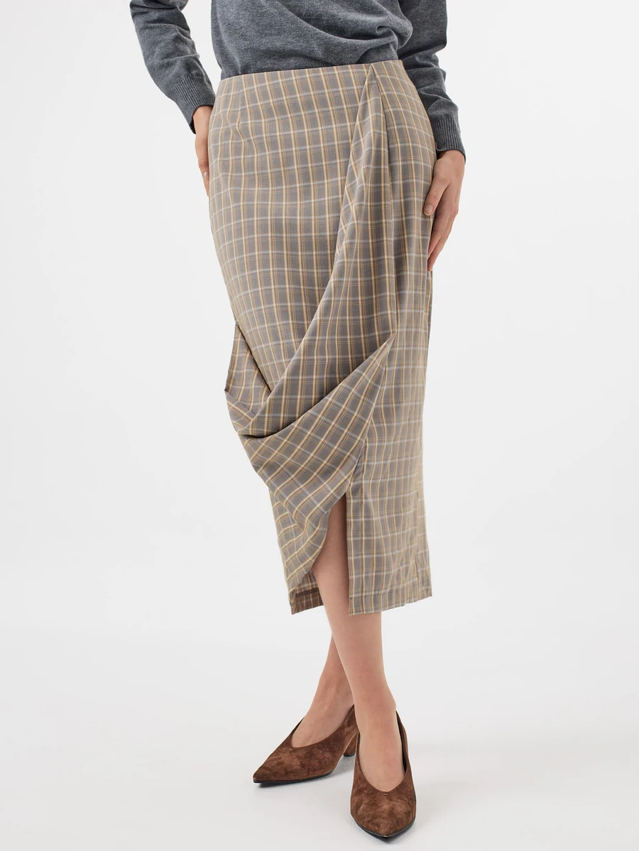 KÆRIA Hus Twisted Wrap Skirt - Yarn-Dyed Stretch Check - Grey Plaid - Draped Skirt, Workwear, Office, Weekend, Brunch, French Style Autumn Elegant - Multicolor - View 1