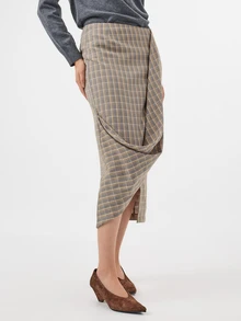 KÆRIA Hus Twisted Wrap Skirt - Yarn-Dyed Stretch Check - Grey Plaid - Draped Skirt, Workwear, Office, Weekend, Brunch, French Style Autumn Elegant - Multicolor - View 3