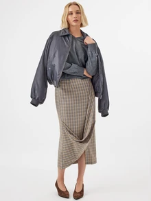 KÆRIA Hus Twisted Wrap Skirt - Yarn-Dyed Stretch Check - Grey Plaid - Draped Skirt, Workwear, Office, Weekend, Brunch, French Style Autumn Elegant - Multicolor - View 4