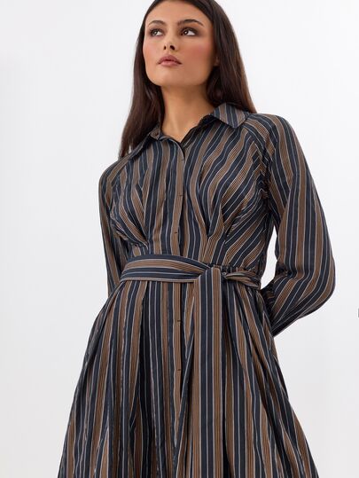 KÆRIA Hus Belted Midi Shirt Dress - Cotton Drape Yarn-Dyed Stripe - Brown - Button-Up, Long-Sleeve Dress, Summer, Casual Dresses, Ceremony Dress
