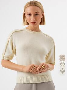 KÆRIA Hus Short-Sleeve Crew-Neck Fine Knit 100 Cotton Cream White Cropped Top Relaxed Fit Teachers' Day Office Summer Minimalist Basic Elegant - White - View 1