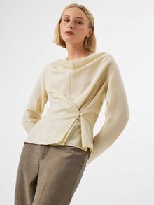 KÆRIA Hus Wrap Front Draped Cowl Neck Blouse - Textured Drape - Beige - Ruched, Waist, Long Sleeve, Brunch Office, Autumn, Modest, Elegant, Fall - Khaki - View 6