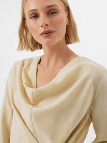 KÆRIA Hus Wrap Front Draped Cowl Neck Blouse - Textured Drape - Beige - Ruched, Waist, Long Sleeve, Brunch Office, Autumn, Modest, Elegant, Fall - Khaki - View 5