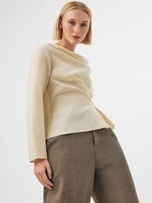KÆRIA Hus Wrap Front Draped Cowl Neck Blouse - Textured Drape - Beige - Ruched, Waist, Long Sleeve, Brunch Office, Autumn, Modest, Elegant, Fall - Khaki - View 3