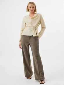 KÆRIA Hus Wrap Front Draped Cowl Neck Blouse - Textured Drape - Beige - Ruched, Waist, Long Sleeve, Brunch Office, Autumn, Modest, Elegant, Fall - Khaki - View 4
