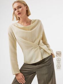 KÆRIA Hus Wrap Front Draped Cowl Neck Blouse - Textured Drape - Beige - Ruched, Waist, Long Sleeve, Brunch Office, Autumn, Modest, Elegant, Fall - Khaki - View 1