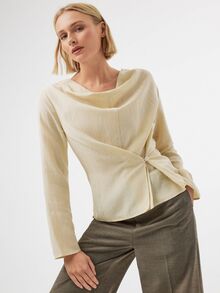 KÆRIA Hus Wrap Front Draped Cowl Neck Blouse - Textured Drape - Beige - Ruched, Waist, Long Sleeve, Brunch Office, Autumn, Modest, Elegant, Fall - Khaki - View 8