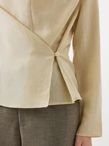 KÆRIA Hus Wrap Front Draped Cowl Neck Blouse - Textured Drape - Beige - Ruched, Waist, Long Sleeve, Brunch Office, Autumn, Modest, Elegant, Fall - Khaki - View 7