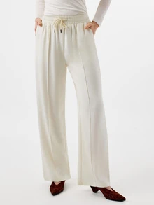 KÆRIA Hus Drawstring Waist Wide Leg Pants Formal Lounge Off-White, Summer, Casual, Minimalist, Modest, Modern, Brunch, Lounge Lounge - White - View 5