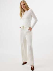 KÆRIA Hus Drawstring Waist Wide Leg Pants Formal Lounge Off-White, Summer, Casual, Minimalist, Modest, Modern, Brunch, Lounge Lounge - White - View 4