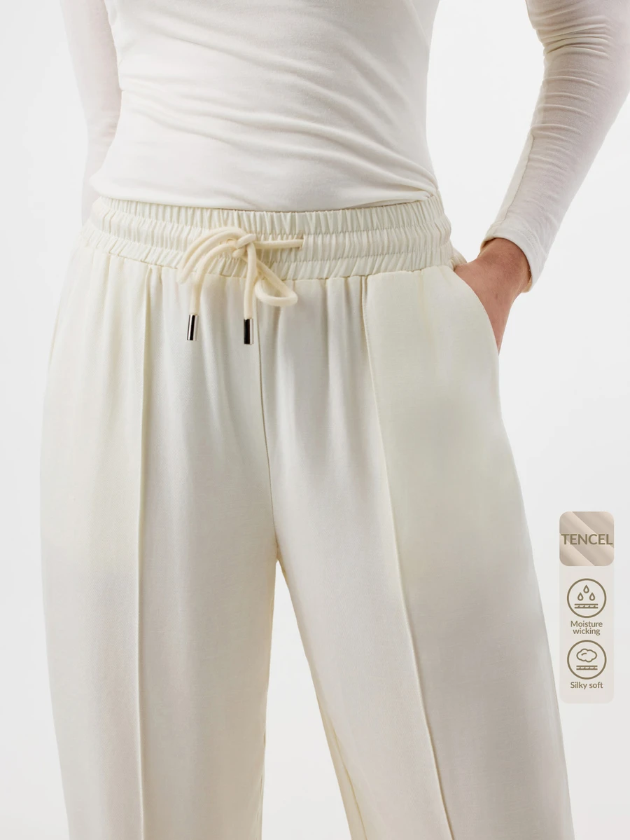 KÆRIA Hus Drawstring Waist Wide Leg Pants Formal Lounge Off-White, Summer, Casual, Minimalist, Modest, Modern, Brunch, Lounge Lounge - White - View 1