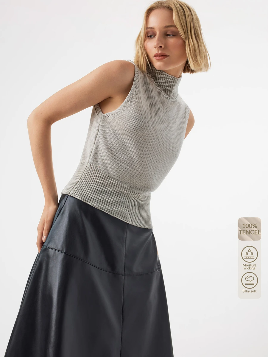 KÆRIA Hus Tanpa Lengan, Kerah Tinggi - Rajutan Lyocell Mengkilap - Abu-abu Muda - Kerah Tinggi, Rajutan, Tank Top, Lapisan, Esensial, Kantor, Musim Gugur, Elegan - Grey - View 1