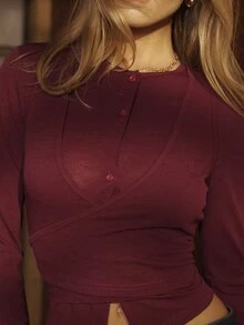Aralina Women Soft Stretchy Knit Layered Design Button Front Wrap Waist Tie Long Sleeve Going Out Party Birthday Top - Rose Red - View 3