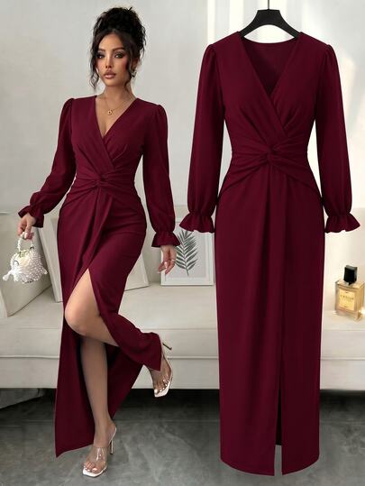 Elenzga Summer Autumn Wedding Guest Evening Party V-Neck Lantern Sleeve Elegant Knot Waist Slit Burgundy Dress