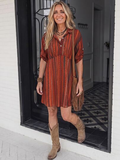 SHEIN LilyWest Summer Daily Holiday Beach Vacation Country Casual Boho Style Collarust Brown 3/4 Sleeve Cinched Waist Tie Front Button A-Line Short Dress Women's