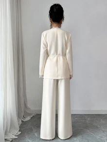 Elenzga Setelan Jas Blazer Berikat dengan Hiasan Renda dan Celana Panjang Lebar - Aprikot - View 2
