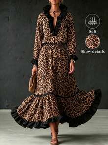 Breezaya Spring/Summer Women's Fashion Vintage Leopard Print Black Trim Contrast Color Ruffle Trim, Spring/Autumn 2-Piece Set, Suitable For All Seasons, Perfect For Daily Commute, Outings, Dates, Vacations And Various Occasions, Fashionable Outfit - Multicolor - View 1