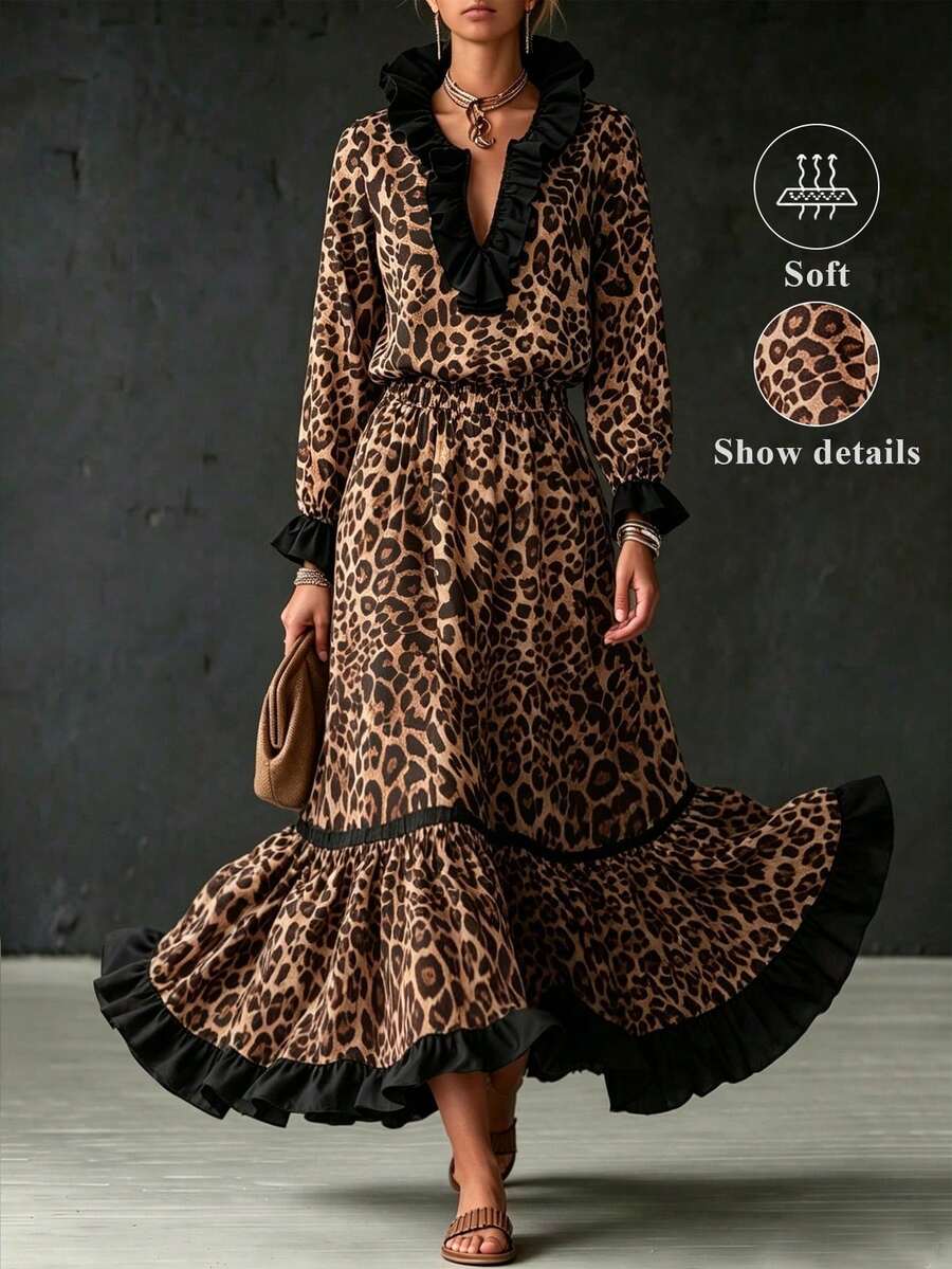 Breezaya Spring/Summer Women's Fashion Vintage Leopard Print Black Trim Contrast Color Ruffle Trim, Spring/Autumn 2-Piece Set, Suitable For All Seasons, Perfect For Daily Commute, Outings, Dates, Vacations And Various Occasions, Fashionable Outfit - Multicolor - View 1