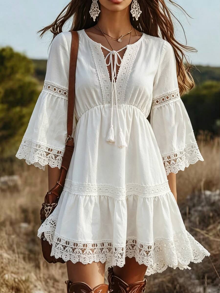 SHEIN LUNE Women's Western Boho Casual V-Neck Babydoll Hem Hollow Lace ...