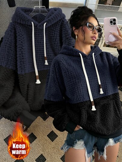 Elenzga 2025 Autumn/Winter Slouchy Casual Daily Wear High-End Design Patchwork Contrast Color Hooded Lambswool Fleece Winter Outfit Thickened Loose Long Sleeve Sweatshirt Versatile