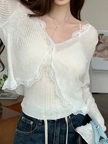 INAWLY White V-Neck Lace Trim Sun Protection Cover Up Women's Summer Thin Camisole Cover-Up Shawl - Apricot - View 3