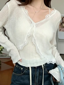 INAWLY White V-Neck Lace Trim Sun Protection Cover Up Women's Summer Thin Camisole Cover-Up Shawl - Apricot - View 5