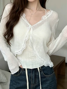 INAWLY White V-Neck Lace Trim Sun Protection Cover Up Women's Summer Thin Camisole Cover-Up Shawl - Apricot - View 7