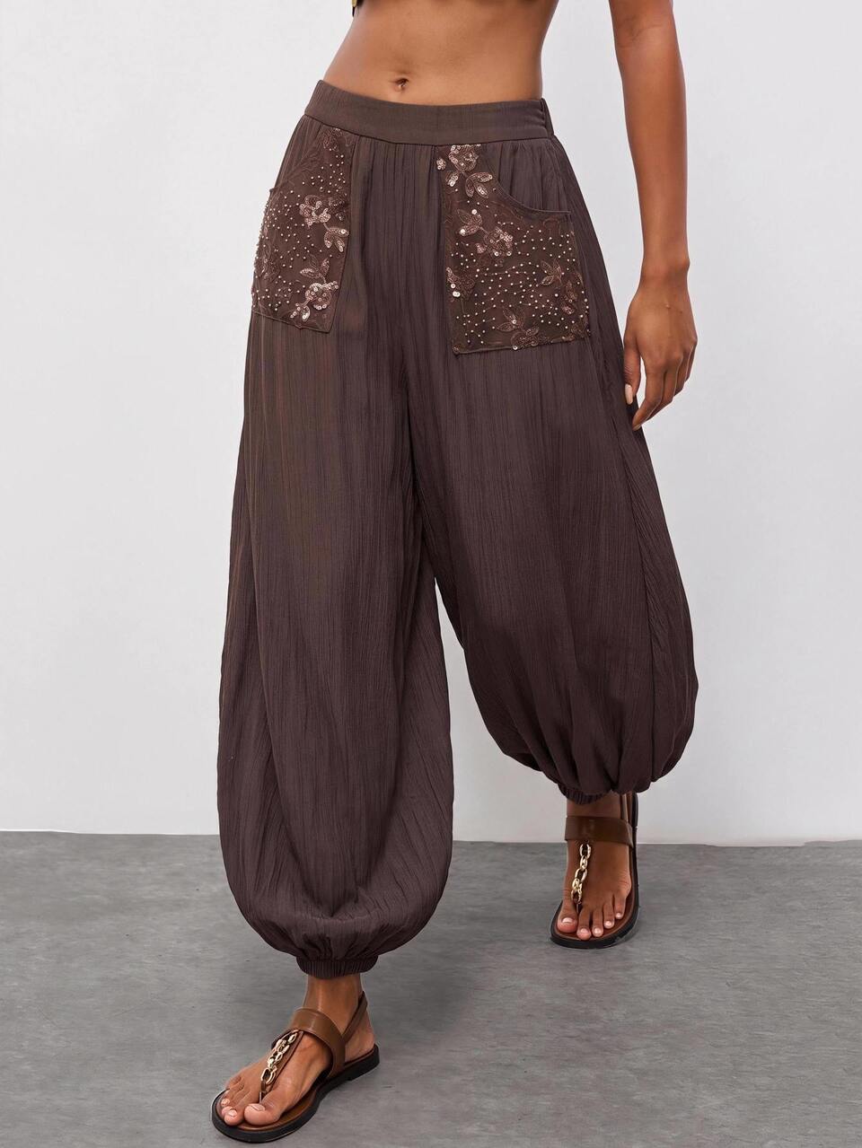 SHEIN Maija Balloon Pants With Pockets, Patchwork And Sequin Details, Urban Boho Autumn/Winter Brunch Bali Vacation Dark Brown Party