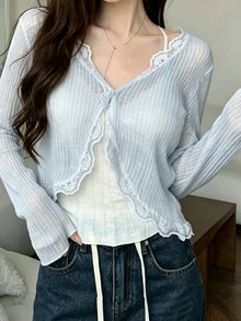 INAWLY 白色V領蕾絲飾邊防曬罩衫，薄款秋季細肩帶罩衫披肩外套，女款約會之夜水藍色浪漫優雅 - 淺藍色 - 查看 7