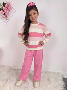 SHEIN 女童字母圖案條紋圓領長袖套頭上衣＋鬆緊腰短褲 2件套 - 彩色 - 查看 6